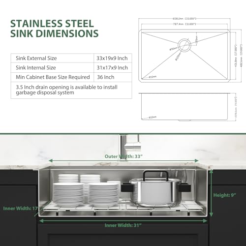 Couoko 33 Inch Undermount Kitchen Sink 16 Gauge Stainless Steel Workstation Round Corners Single Bowl Under Counter Kitchen Sinks Basin thumb #6