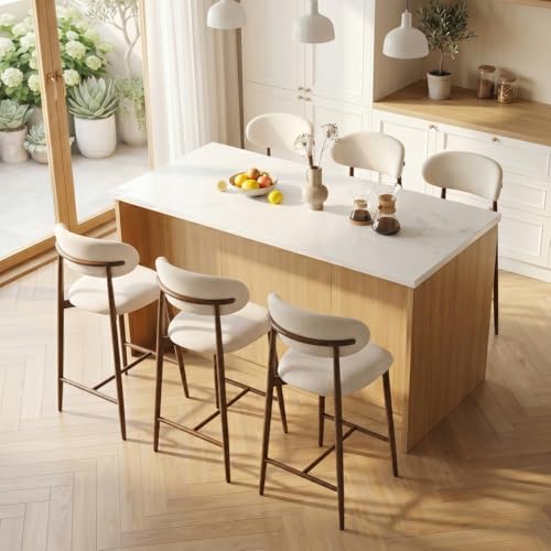 Butacos de altura para mostrador UVV, juego de 2 unidades, butacos tapizados modernos con patas de metal para isla de cocina y comedor (asiento beige / patas de metal con grano de nogal) miniatura 6