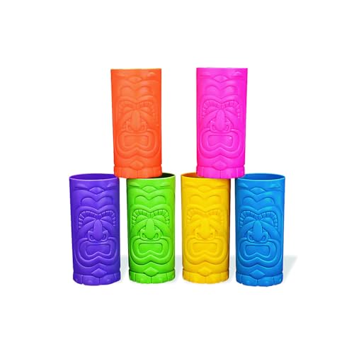 Fun Express Tiki Cups 24 oz Plastic Disposable Party Cups for Hawaiian Luau Party Supplies - 12 Count Multicolor Tropical Glasses for Kids Birthday Beach Summer Events | Authentic Tiki Head Design
