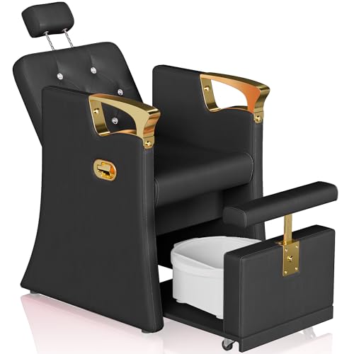 KIGOTY Pedicure Station for Nail Tech, Reclining No Plumbing Pedicure Chair with Hidden Storage Platform, Lift Foot Spa Chair with Massage Foot Bath, Salon Spa Equipment (Black-Gold)