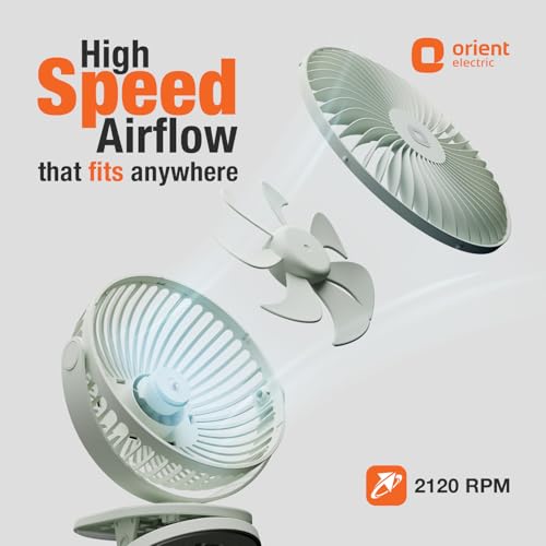 Image of Orient Electric Orbis Rechargeable Personal Fan | 360 Rotation | 1800 mAh Battery | 4 Speed Modes with Timer | Quiet Operation | USB Type-C Charging | Clip-On Mini Fan | Matcha Green