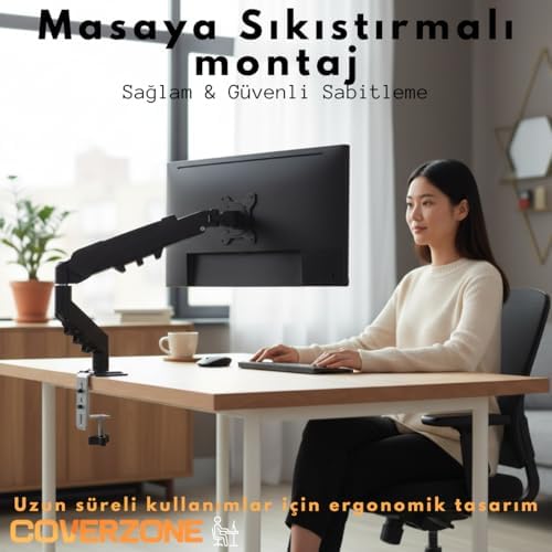 Coverzone 17–32 İnç Amortisörlü Tekli Pivot Monitör Kolu, Gazlı Yaylı, 2–9 Kg, Çift Montaj Seçeneği Sıkıştırma ve Vidalama, 360° Döner, VESA Uyumlu Stant, F80, Siyah - Görsel 6