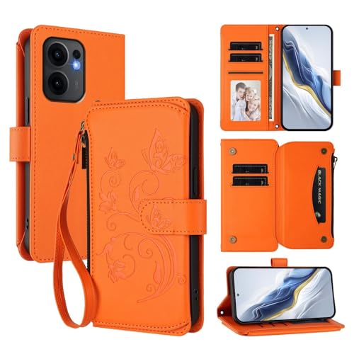 Étui cuir Oppo Reno 13 5G orange avec finitions motifs gravés
