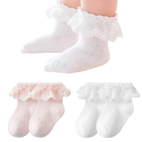 COYUN 2 Paires Chaussettes coton doux et respirant à nœud en Dentelle pour Bébé Chaussettes à Froufrous Antidérapantes Dentelles Froufroutante pour...