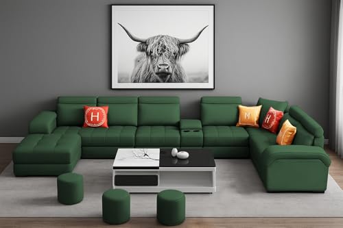 Image of Casaliving Emerson Modern U-Shaped Sectional Sofa Set 9 Seater, Sofa Couch with 3 Puffy for Hall (Green Colour) Premium Leatherette Fabric Sofa
