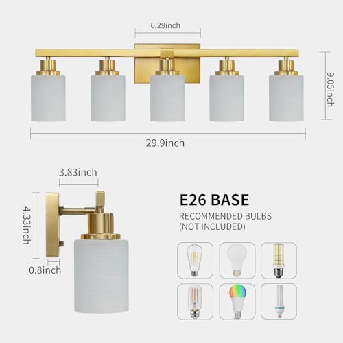 Image of Gold Bathroom Light Fixtures 5-Light Brushed Gold Vanity Light 30in | White Frosted Ribbed Glass Shade Vanity Lighting Fixtures over Mirror Gold Sconces Wall Lighting for Hallway E26 Base