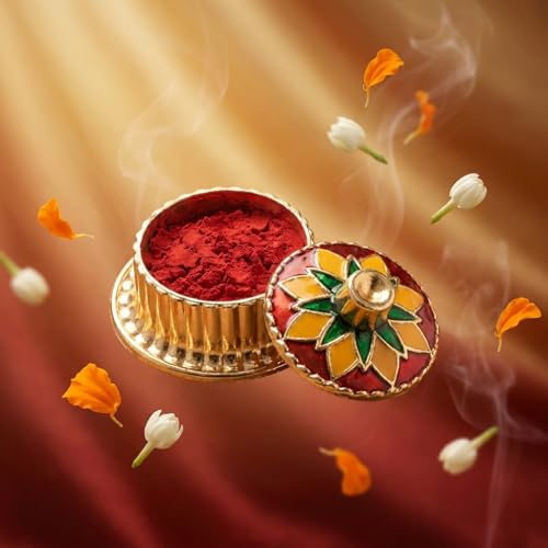 Image of Indian Dark Red Pure Kumkum Powder (Sindoor, Kumkuma, Kum Kum) For Makeup, Pooja And Other Hindu Rituals (Fancy Box 1)