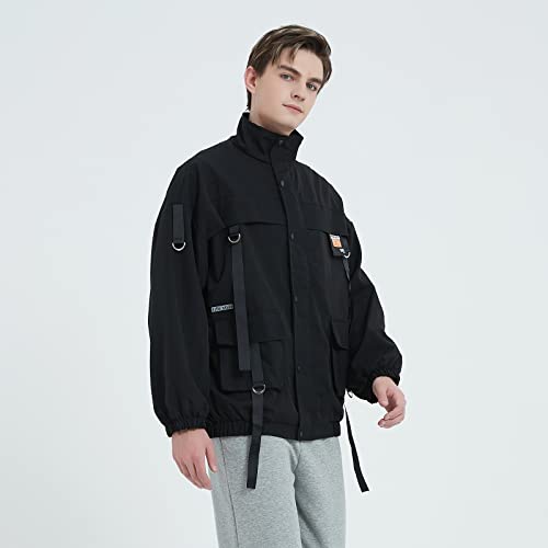 Image of GURUNVANI Men's Techwear Jacket with D-ring Straps | unisex, multi pockets, cyberpunk style, streetwear, webbing straps, full zip up closure, windproof outerwear for men