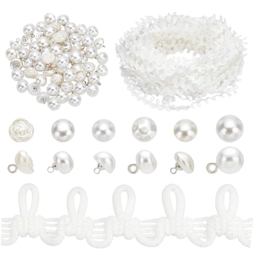 PH PandaHall 20 yardas de color blanco para vestido de novia, con lazos de botones, ribete de trenza, flecos, ribete de encaje con 60 botones de perlas, extensor de cremallera para disfraces,
