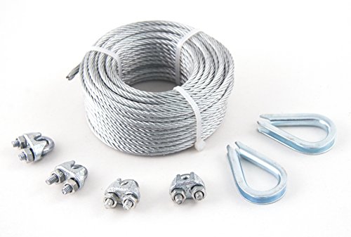 KingChain 504711 1/8-inch x 50 ft Galvanised Steel 7 x 19 Aircraft Cable Metal Wire Rope Kit with 400 lb. Safe Working Load (Includes x4 1/8-inch Wire Rope Clips and x2 1/8-inch Wire Rope Thimbles)