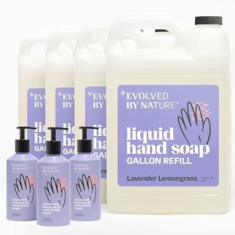 Evolved By Nature Liquid Hand Soap, 12 Oz - 3 Pack + 4 Pack Gallon Refill, Lavender Lemongrass, Biodegradable Formula, Reusable Aluminum Dispenser Cover