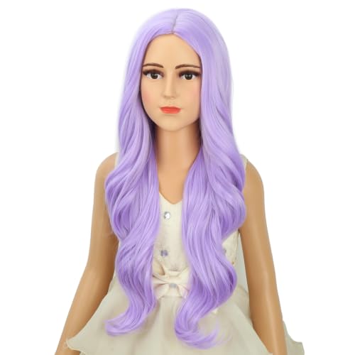 Image of Lavender Purple Wig Long Light Purple Wavy Curly Wig Middle Part Wigs Heat Resistant Synthetic Wigs with Cap (Small Size)