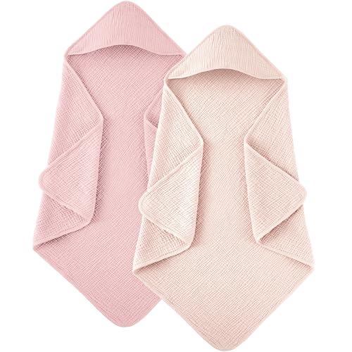 Image of Susurration Hooded Baby Towels for Newborn 2 Pack 100% Muslin Cotton Towel for Babies，Highly Absorbent and Newborn Essential (Pink)