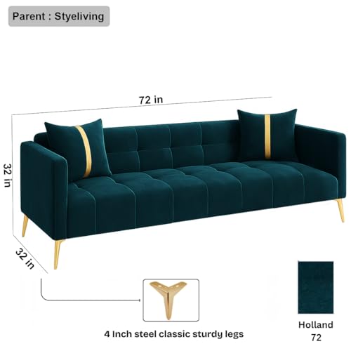 Image of FURNY Styliving 3 Seater Velvet Fabric Sofa Set (Greenish Teal) with Golden Finish Legs | Durable & Comfortable | Ideal for Living Room