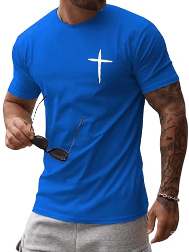 iudam Men's T Shirts Short Sleeve Crewneck Cross Print Tee Shirts Christian Jesus Shirts(Royal Blue,L)