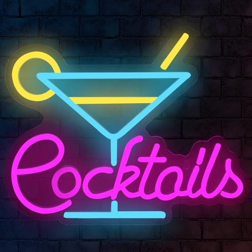 LED Neon Cocktails Sign - Glass Cup Light Up Signs for Wall Decor, Reusable Neon Light For Pub, Parties, Restaurant, Acrylic, Night Bar (11.8 x 9.5 inch)