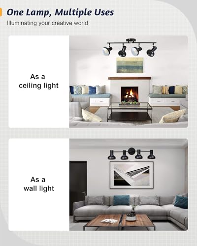 Image of HiBay 4-Light Track Lighting Fixtures Ceiling, Farmhouse Track Spot Light Black, Directional Spotlight Indoor for Kitchen Living Room Bedroom, E12 Base (Bulbs Not Included)