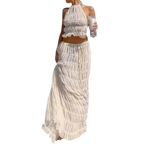 Womens 2 Piece Summer Outfits Chiffon Halter Backless Crop Top and Flowy Tulle Ruffle Maxi Skirt Sets