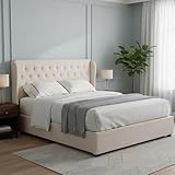 AC Pacific Tufted Wingback Headboard with Luxurious Velvet-Like Fabric Upholstery, Elegant Bedroom Furniture with Durable Wood Legs, Contemporary Room Decor, Queen, Beige