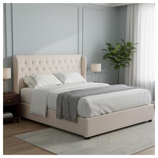 AC Pacific Tufted Wingback Headboard with Luxurious Velvet-Like Fabric Upholstery, Elegant Bedroom Furniture with Durable Wood Legs, Contemporary Room Decor, Queen, Beige