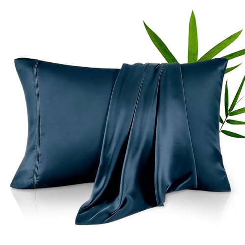 KRIMANO Queen Pillow Cases Derived from Bamboo Viscose Cooling Pillowcases Breathable & Wicking Pillow Covers for Hot Sleepers Envelope Closure Navy Blue 2 Pack 20x30IN