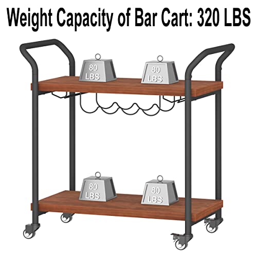 Ibf Natural Real Wood Bar Cart, 2 Tier Solid Wood Serving Cart, Modern Industrial Metal Kitchen Cart On Wheel, Farmhouse Indoor Coffee Rolling Cart Trolley With Liquor Wine Rack Storage, Rustic Brown #TOP7