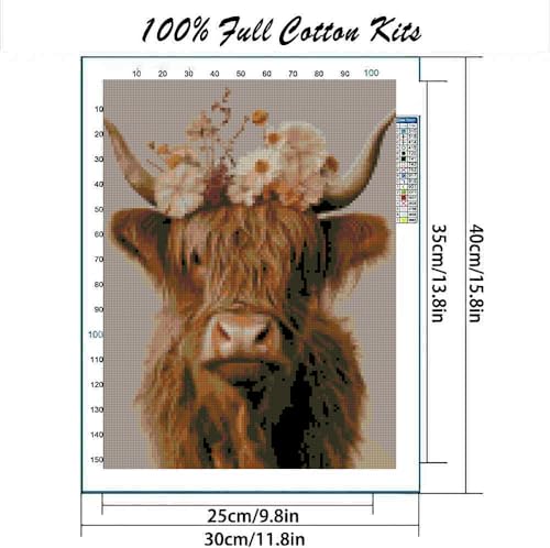 Image of Stamped Cross Stitch Kits for Adults Beginners, Cow Flowers Easy DIY Counted Cross Stitch Kit Printed Patterns Dimensions Needlepoint Art Crafts Embroidery Kits for Home Wall Decor 15.7x11.8 inches