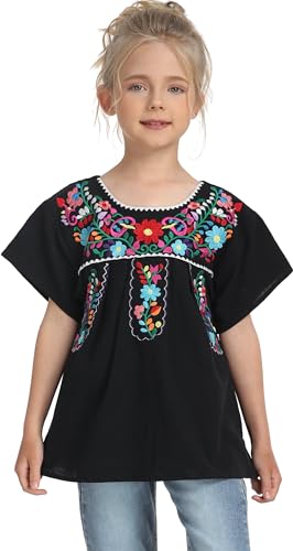 Image of YZXDORWJ Mexican Blouse for Girls Traditional Embroidered Summer Short Sleeve Peasant Blouse for Kids