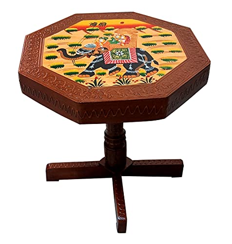 Image of SAARTHI Rajasthani Dhola Maru Handmade Wooden Ethinic Antique Designer Dhola Maru Folding Table and Drawer Table for Home| Decor| Office| Garden| Outdoor| Indoor| Balcony| Launge| Lawn| Cafe| Bar| Living Room| Bedroom Room| Childern Room Decor| Outdoor Sitting , Multicolour (1 Drawer Table + 1 15 Inch Elephant Table)