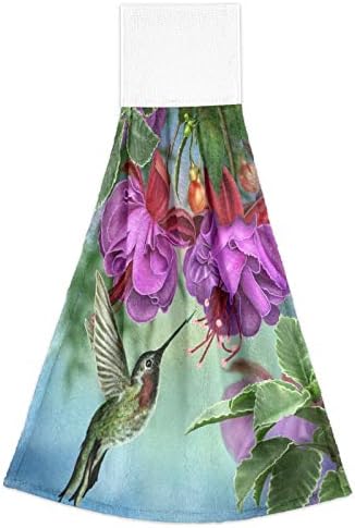 Miniatura 2 de Toallas de mano de colibrí con flores para cocina, toalla absorbente de color morado fucsia para colgar con lazo, juego de 2 piezas de ropa de