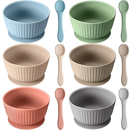 Image of Jinei 6 Pack Baby Silicone Suction Bowls with Spoon Baby Led Weaning Food Bowl Toddler Food Storage Bowl Dishwasher Microwave Safe Feeding Set