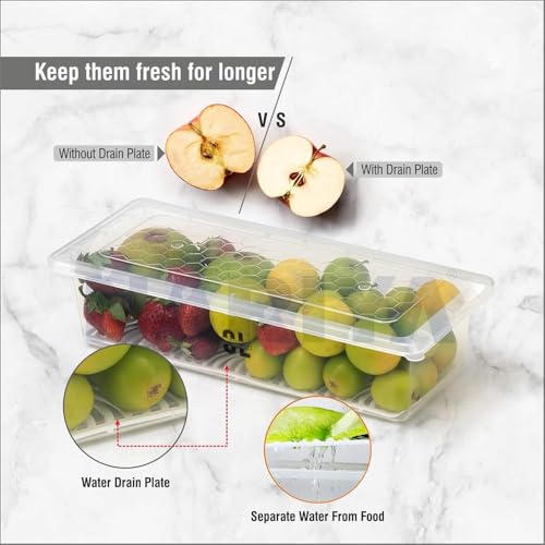 Image of 1500 Ml Transparent Fridge Storage Container with Removable Drain Plate | BPA Free Plastic Refrigerator Organizer Box | Freezer Safe Kitchen Storage for Vegetables, Fruits (Pack Of 6)