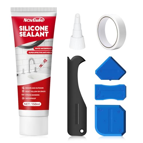 NoxGule Silicona Antimoho Baño, Silicona Blanca Baño Antimoho, Impermeabilizante, Herramientas Adjuntas, para Sellar Juntas, de Fácil Aplicación Apto para Uso en Exteriores, 150ml(Versión Mejorada)