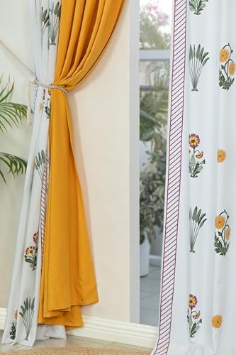 Image of Tranquebar Curtain Co. Window Curtains 5 Feet, 60-65% Room Darkening, Pink Ethnic Curtains Palms Print, Cotton Curtains for Window, Cotton Curtains 5 Feet Set of 3,BackTabs, Bagh Yellow combo (152 cm)