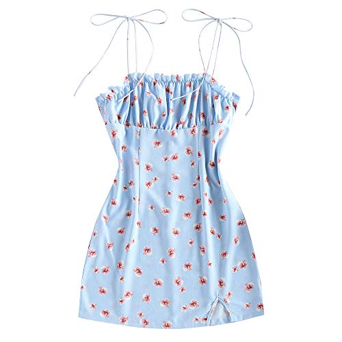 ZAFUL Women Tied Shoulder Spaghetti Strap Floral Cami Mini Casual Dress (M, Light Blue-Tie Shoulder Bodycon)