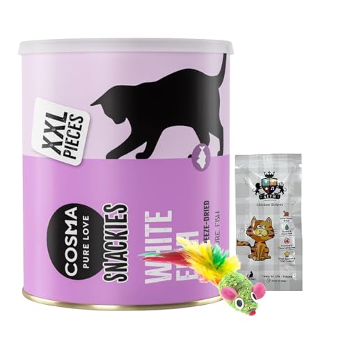 AETN Creations Cat Treat Bundle with Cosma Freeze Dried Snacks White Fish Flavour 110 g with AETN Chicken Treat and Toy Mouse, Grain-Free, for Adult Cats