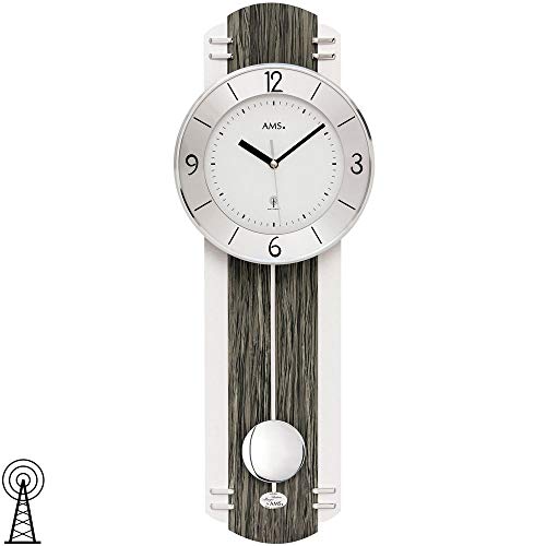 AMS 5294 Wanduhr Funk Funkwanduhr mit Pendel Schwarz Graue Holz Optik Pendeluhr