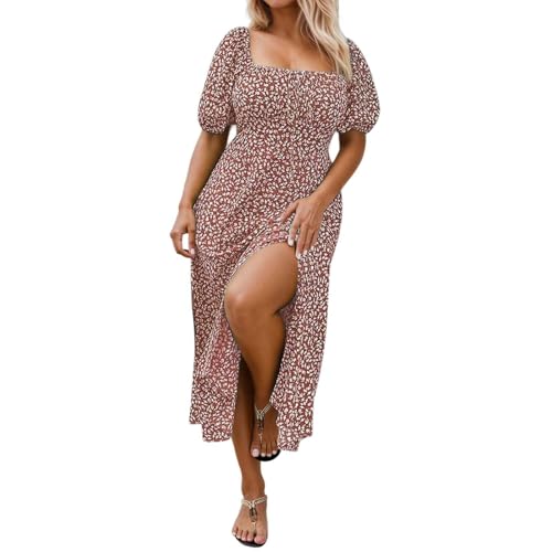 Robe mi-longue grande taille été à fleurs marron 0XL avec col carré et fente latérale