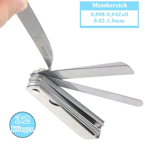 Moyata 32 Klingen Fühlerlehre 0,02-1,0mm Edelstahl Metrisch und Imperial Werkzeug zur Messung, Feeler Gauge, Fühlerlehre Ventilspiel für Prüfung von Spaltbreiten, Dicken und Abständen/Gaps