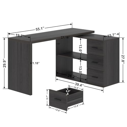 Image of HSH Dark Grey L Shaped Computer Corner Desk with 3 Storage Drawers 55 inch