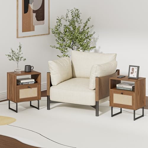 Image of Masupu Extra Large Rattan Nightstand,Modern Boho Farmhouse Wood Bedside Table with Storage Drawer and Open Shelf, Black Frame Side End Table for Bedroom,Living Room,Office (Walnut)
