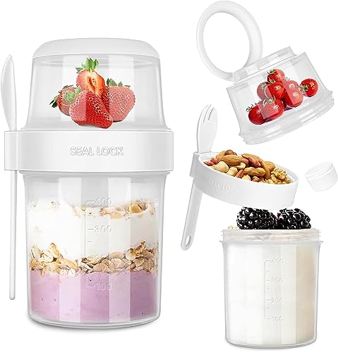 XRASKU 1pcs On the Go Cereal Yogurt pot with Lids and Spoon, 560ml Overnight Oats Jar Take and Go Breakfast Oatmeal Container Jar with 310ml Topping Cereal Cup for Travel ti-105121