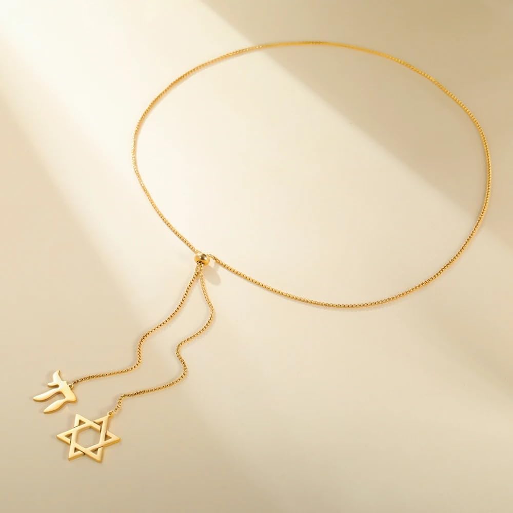 Star of David and Jewish Hebrew Chai Pendant Long Necklace Sweater Chain Hexagram Judaism Stainless Steel Jewelry