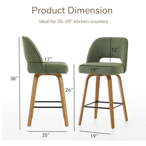 Butacos giratorios para barra, juego de 2, altura de mostrador de 26", color verde musgo | patas curvas de madera doblada, acabado en roble natural, asiento tapizado, respaldo ergonómico, cojín de 4 pulgadas, capacidad de peso de 350 libras miniatura 2