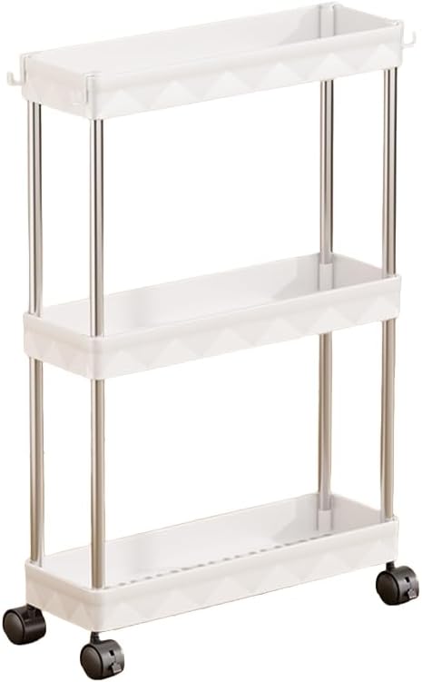 3 Tier Slim Slide Out Kitchen Trolley Rack Holder Storage Shelf Organiser with Wheels for Small Spaces Bathroom Kitchen Laundryroom Bedroom Space-Saving (White 13cm*40cm*58m)