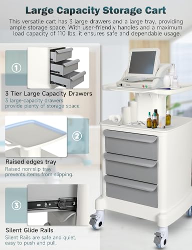 EcomVast Mobile Trolley Cart for Portable Ultrasound Imaging Scanner Vehicle Trolley Beauty Storage Cart 115 LBS Load with 3 Drawers 4 Wheels for Hospital Office Bedroom Clinic