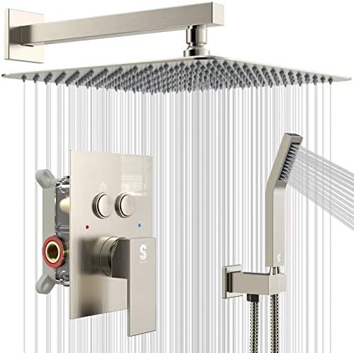 SR SUN RISE Shower System with Push Button Diverter Bathroom Luxury 12 Inch Rain Shower Head with Handheld Spray, High Pressure Shower Faucet Combo Set with Rough-in Valve & Trims, Brushed Nickel