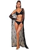 Verdusa Women's Floral Lace Long Sleeve Sheer Belted Long Lingerie Kimono Robe Black M