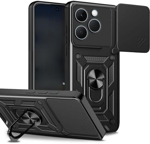 Image of SPAZY CASE Realme 15T Back Cover | Heavy Duty Hybrid Case with 360 Degree Rotating Finger Ring Holder + Slider Shutter Camera Protection Case for Realme 15T - Black