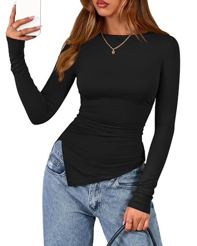 BTFBM Asymmetrical Tops for Women Long Sleeve Shirts Fall 2025 Ruched Slit Fitted Basic Tees Y2k Going Out Tunic Top